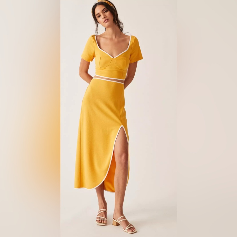 NWT Anthropologie Maeve Yellow Textured Crop Top & Midi Set Women's Size XL